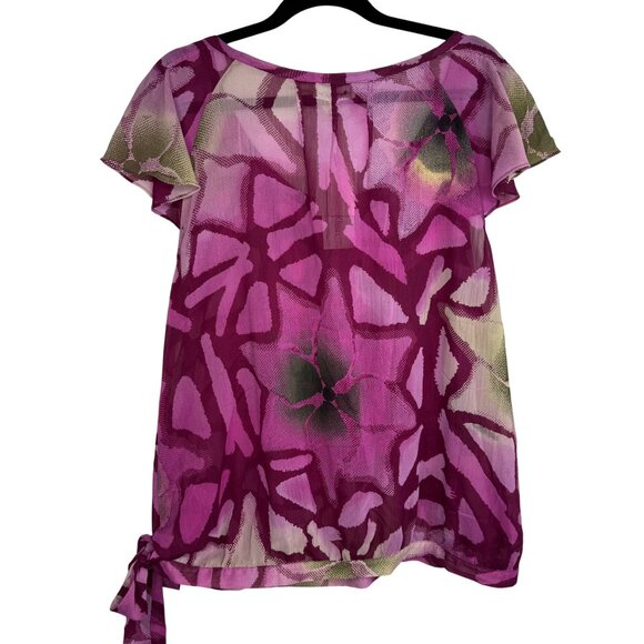 Calvin Klein Pink Purple Abstract Print Blouse Size XL Flutter Sleeves Tie‎ Side - Picture 7 of 7